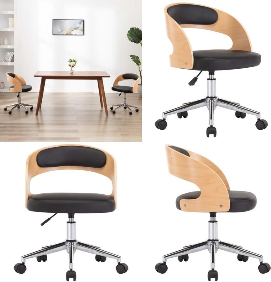 VidaXL Kantoorstoel draaibaar gebogen hout en kunstleer zwart Kantoorstoel Kantoorstoelen Stoel Stoelen