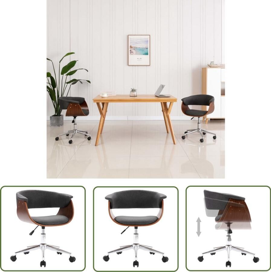 VidaXL Kantoorstoel Draaibaar Gebogen Hout & Stof Grijs Kantoorstoel Bureaustoel Ergonomische Stoel Draaibare Stoel Grijze Stoel Houten Stoel Thuiswerkplek