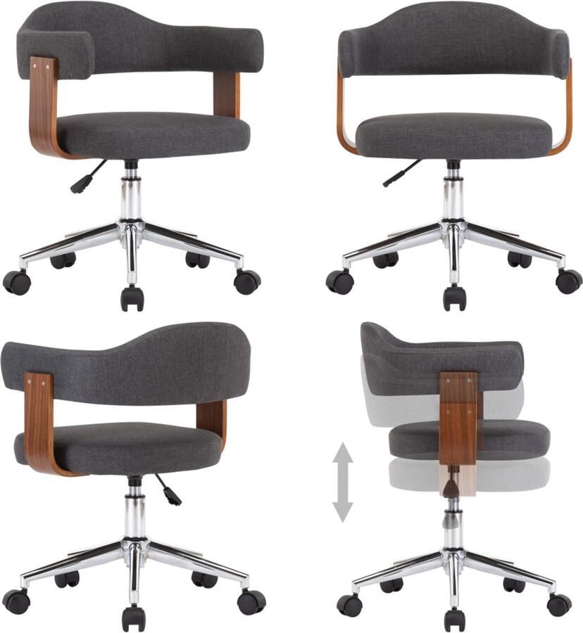 VidaXL Kantoorstoel draaibaar gebogen hout en stof grijs Kantoorstoel Kantoorstoelen Stoel Stoelen