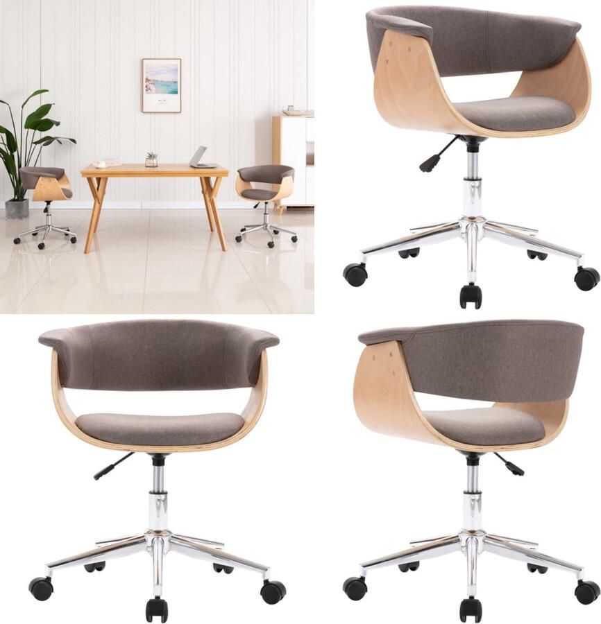VidaXL Kantoorstoel draaibaar gebogen hout en stof taupe Kantoorstoel Kantoorstoelen Stoel Stoelen