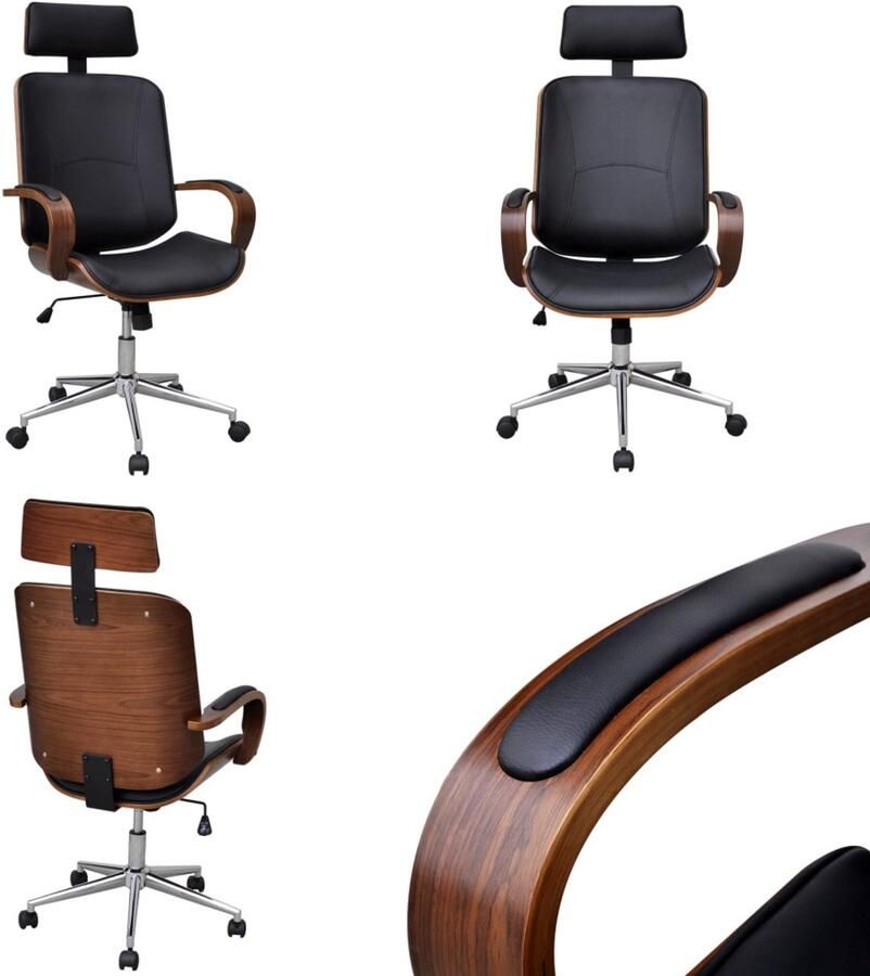 VidaXL Kantoorstoel draaibaar met hoofdsteun gebogen hout en kunstleer Kantoorstoel Kantoorstoelen Computer En Tafelstoel Computer En Tafelstoelen