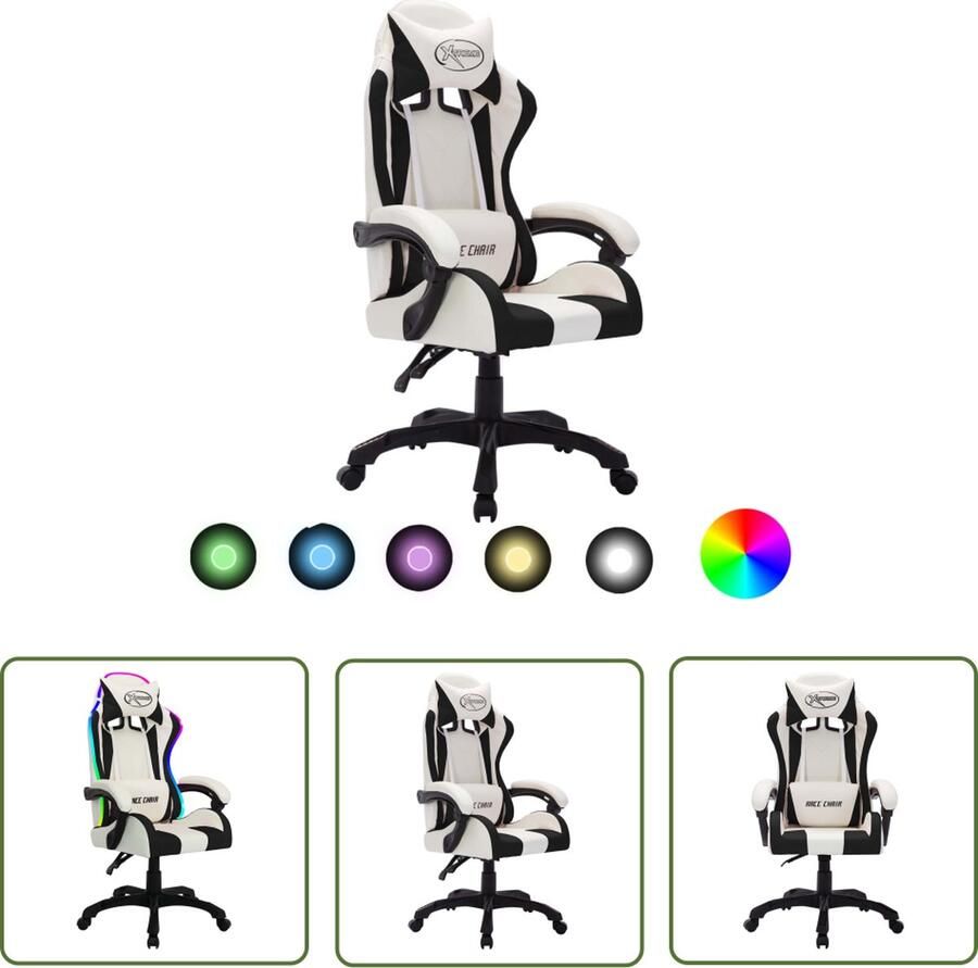 The Living Store Gamestoel Luxe en Verstelbare bureaustoel Kunstleer 64x65x(111.5-119) cm LED-verlichting Wit Zwart Gamestoel Gamingstoel Bureaustoel Kantoorstoelen Racecar Seat - Foto 3