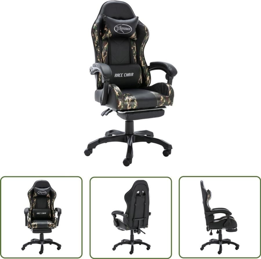 The Living Store Racestoel met voetensteun kunstleer zwart en camouflage Gamingstoel Kantoorstoel Racecarstoeltje Ergonomische Stoel Kunstlederen Stoel