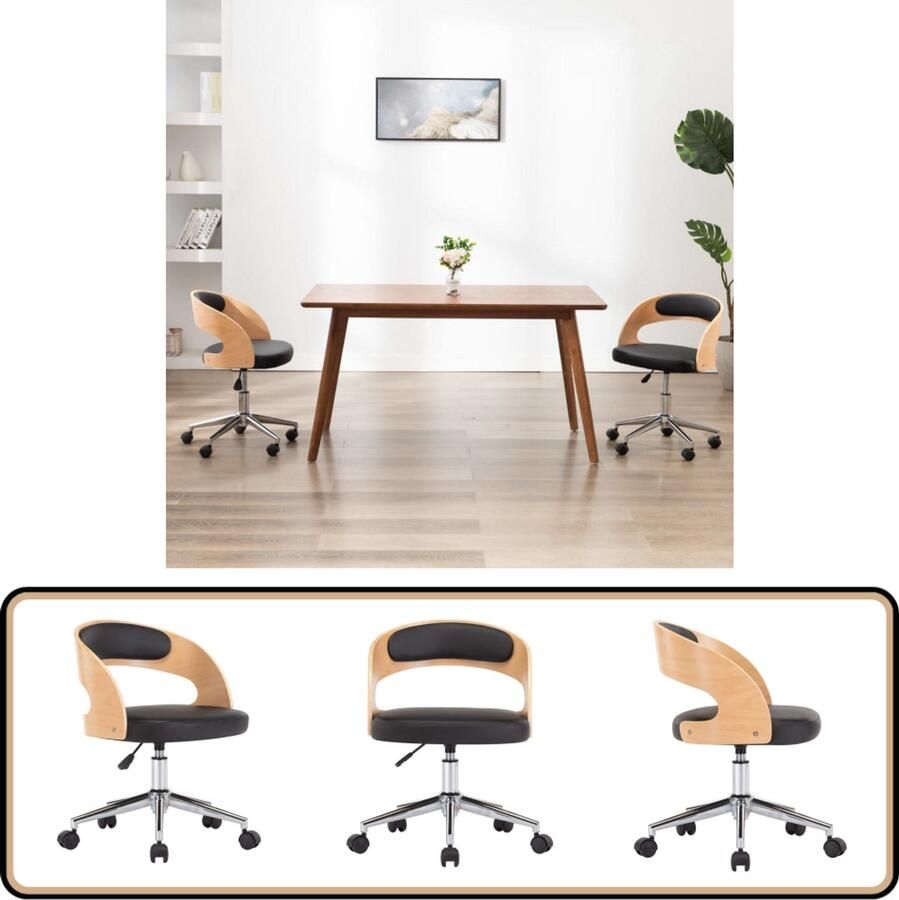 VidaXL Kantoorstoel Gebogen Hout en Kunstleer Zwart Kantoorstoel Bureaustoel Zwarte Kantoormeubilair Ergonomische Stoel Kunstlederen Stoel