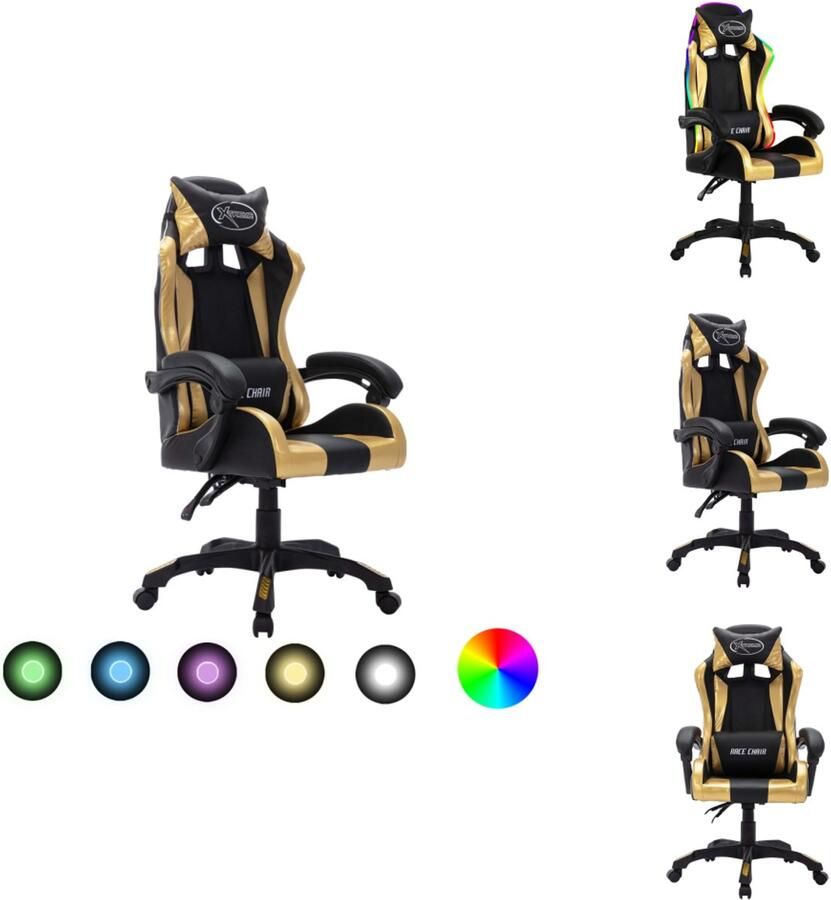 VidaXL Kantoorstoel Kantoorstoelen Kantoor Stoel Kantoor Stoelen Racestoel met RGB LED-verlichting kunstleer goudkleurig en zwart