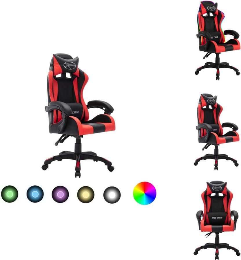 VidaXL Kantoorstoel Kantoorstoelen Kantoor Stoel Kantoor Stoelen Racestoel met RGB LED-verlichting kunstleer rood en zwart