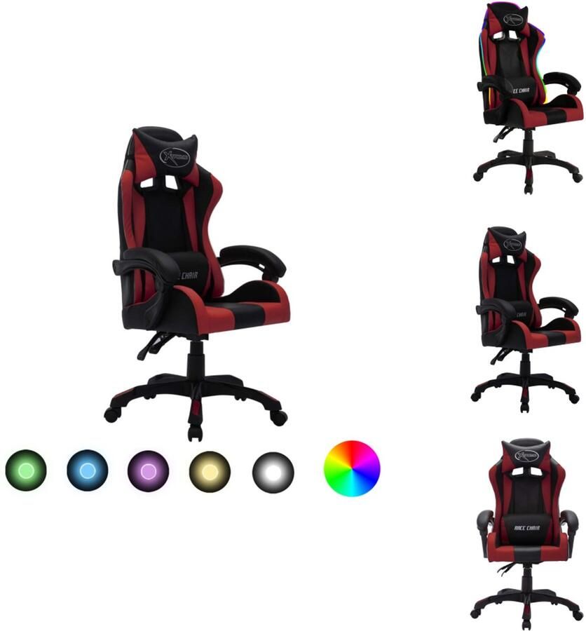 VidaXL Kantoorstoel Kantoorstoelen Kantoor Stoel Kantoor Stoelen Racestoel met RGB LED-verlichting kunstleer wijnrood en zwart