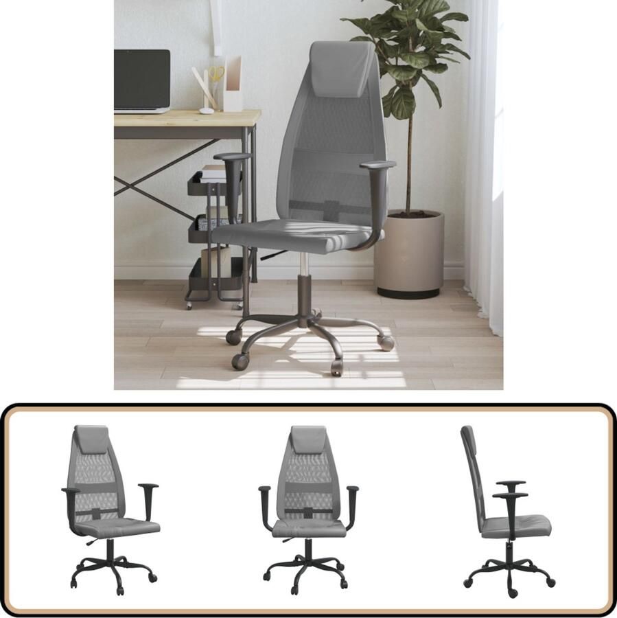 VidaXL Kantoorstoel Verstelbaar Mesh en Kunstleer Grijs Kantoorstoel Bureaustoel Ergonomische Stoel Mesh Stoel Adjustable Height Chair Grijze Stoel