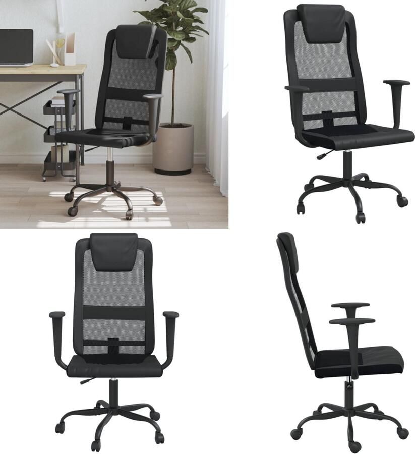 VidaXL Kantoorstoel verstelbare hoogte mesh en kunstleer zwart Bureaustoel Bureaustoelen Kantoorstoel Kantoor Stoel