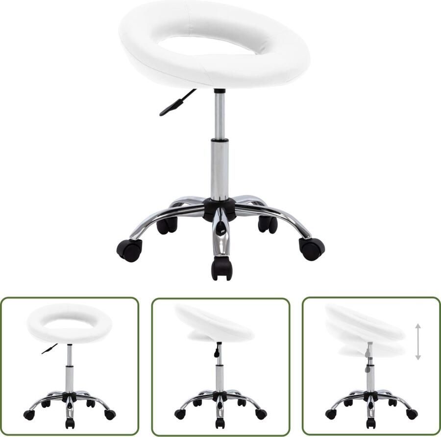 The Living Store Werkstoel Rolbaar Wit 46 x 43 x (55-66) cm Kunstleer Staal Werkstoel Kantoorstoel Bureaustool Ergonomische Stoel Witte Stoel