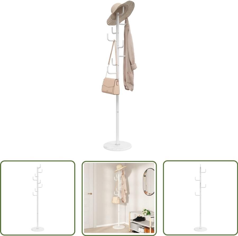 VidaXL Kapstok 183 cm wit gepoedercoat ijzer Kapstok Staand Kapstok Marmeren Voet Ijzeren Kapstok Garderobe