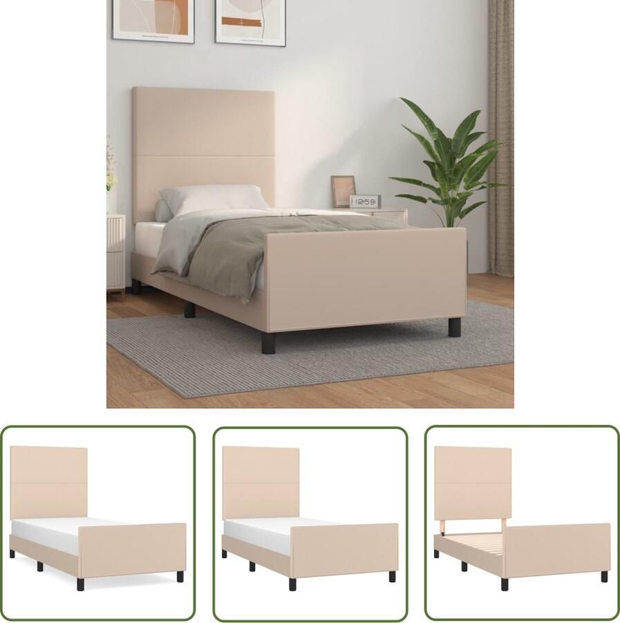 The Living Store Bedframe met hoofdbord kunstleer cappucinnokleurig 80x200 cm Bed Frame Kapstok Houten Bed Bruine Bed Tweepersoons Bed