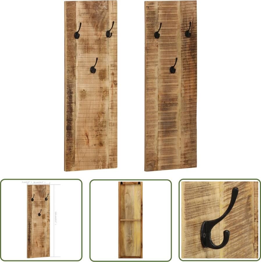 The Living Store Wandkapstokken 2 st 36x110x3 cm massief mangohout Vintage Kapstok Bruin Mangohout Kapstok Wandkapstok Retro Kapstok