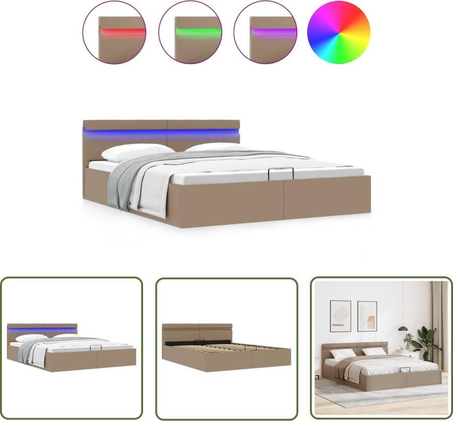 The Living Store Bedframe Cappuccino Hydraulisch Gasveermechanisme Opbergruimte LED-Strip 212x167x73cm Hydraulisch Bedframe Kapstok Art Deco Vintage Meubels Lederlook