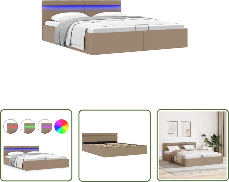 The Living Store Bedframe met opslag en LED kunstleer cappuccino 180x200 cm Bedframe Bedframes Bed Bedden Tweepersoonsbed Tweepersoonsbedden Slaapkamermeubilair Slaapkamermeubel Slaapkamermeubels Slaapkamermeubelen Slaapmeubel
