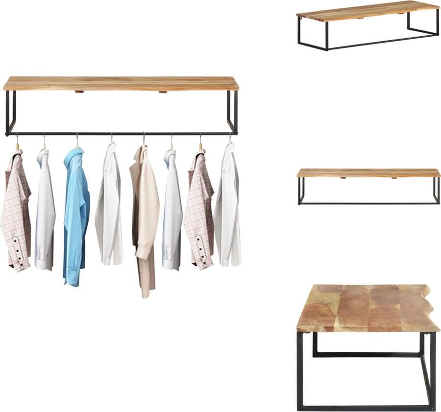 VidaXL Kapstok Wandkapstok Hout 100 x 35 x 22 cm Massief acaciahout Gepoedercoat ijzer Met schap en hangstang Kapstok