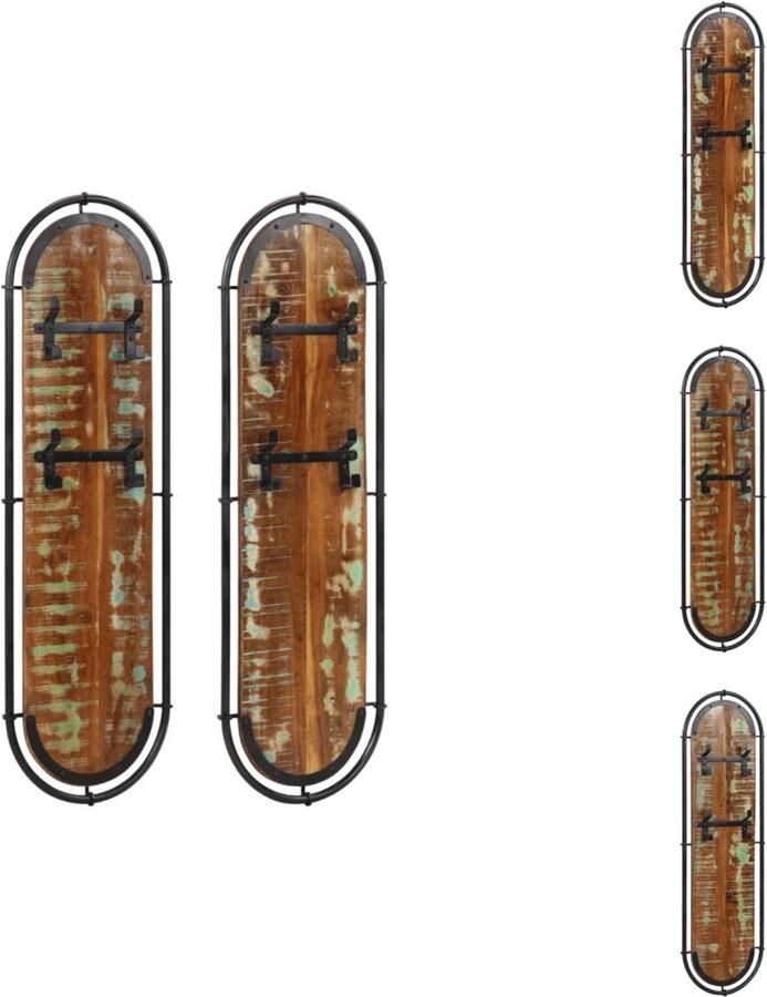 VidaXL Kapstok Kapstokken Kledingrek Kleerhanger Rek Wandkapstokken 2 st met 4 haken massief gerecycled hout