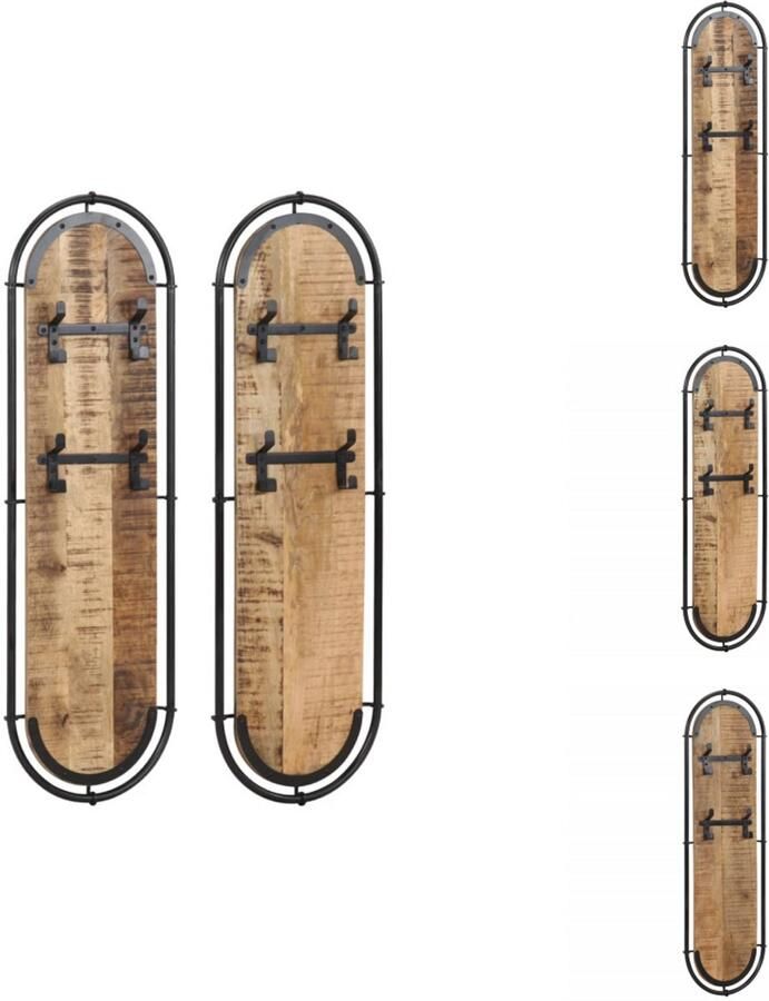 VidaXL Kapstok Kapstokken Kledingrek Kleerhanger Rek Wandkapstokken 2 st met 4 haken massief ruw mangohout