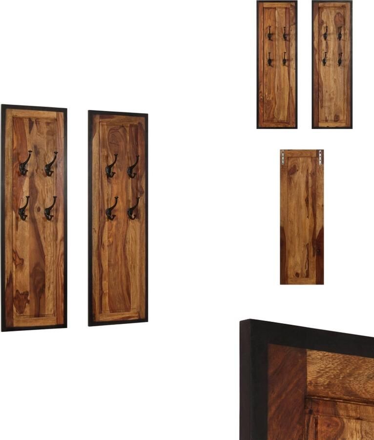 VidaXL Kapstok Retro Sheeshamhout 35 x 110 cm Massief Houten Kapstok met 4 Haken (Set van 2) Kapstok
