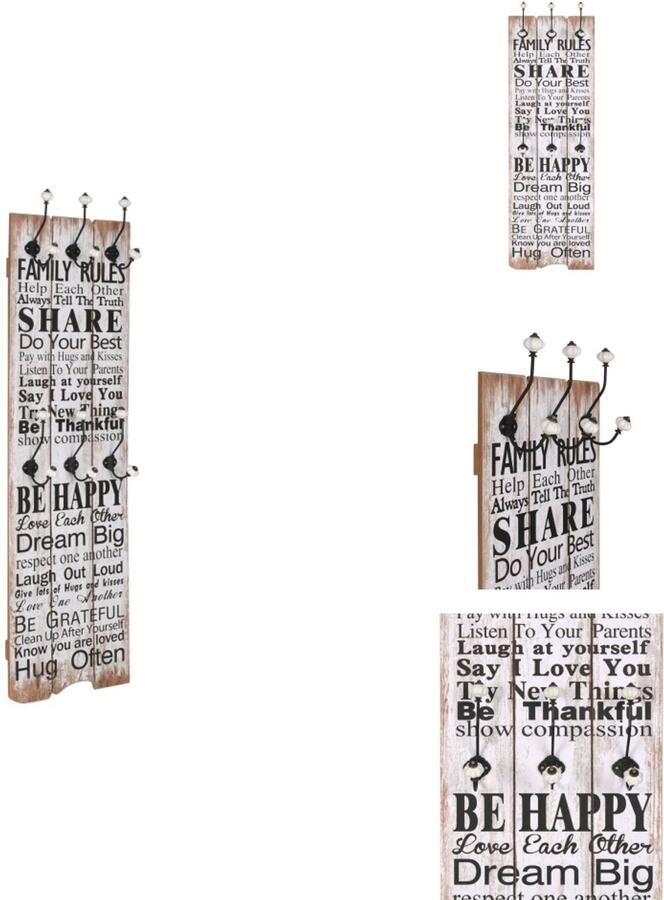 VidaXL Kapstok Kapstokken Muurkapstok Muurkapstokken Wandkapstok met 6 haken FAMILY RULES 120x40 cm
