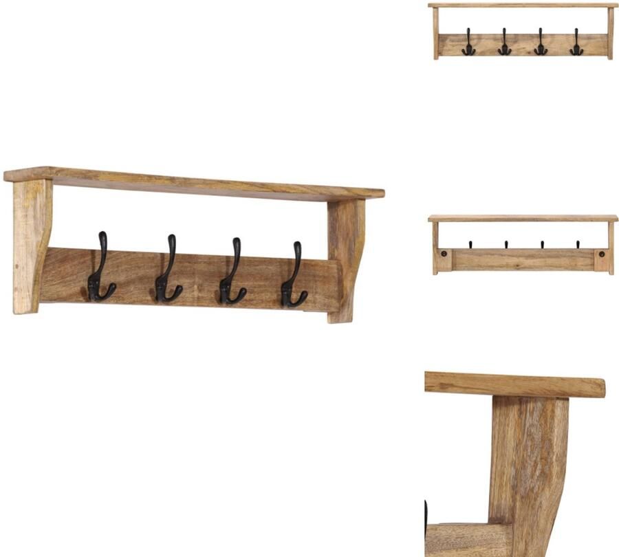 VidaXL Kapstok Kapstokken Wandrek Houten Kapstok Wandkapstok met 4 haken massief mangohout