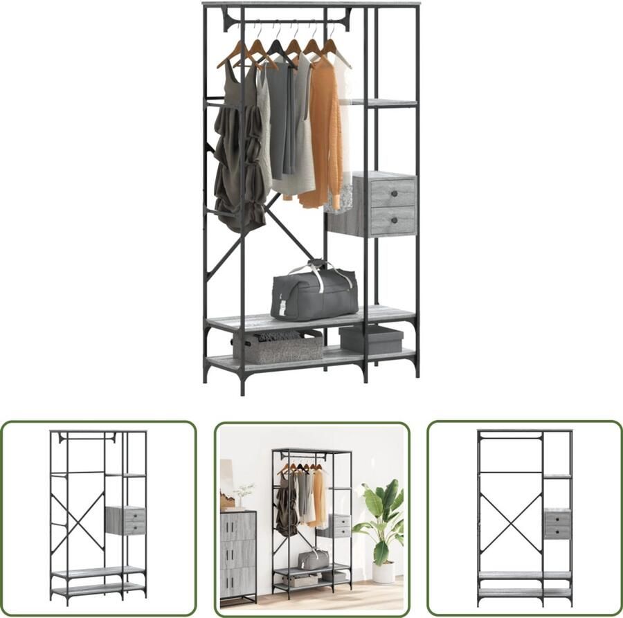 The Living Store Kledingrek met schappen bewerkt hout grijs sonoma eikenkleurig Kledingrek Kapstok Houten Kledingrek Grijze Kapstok Sonoma Eiken