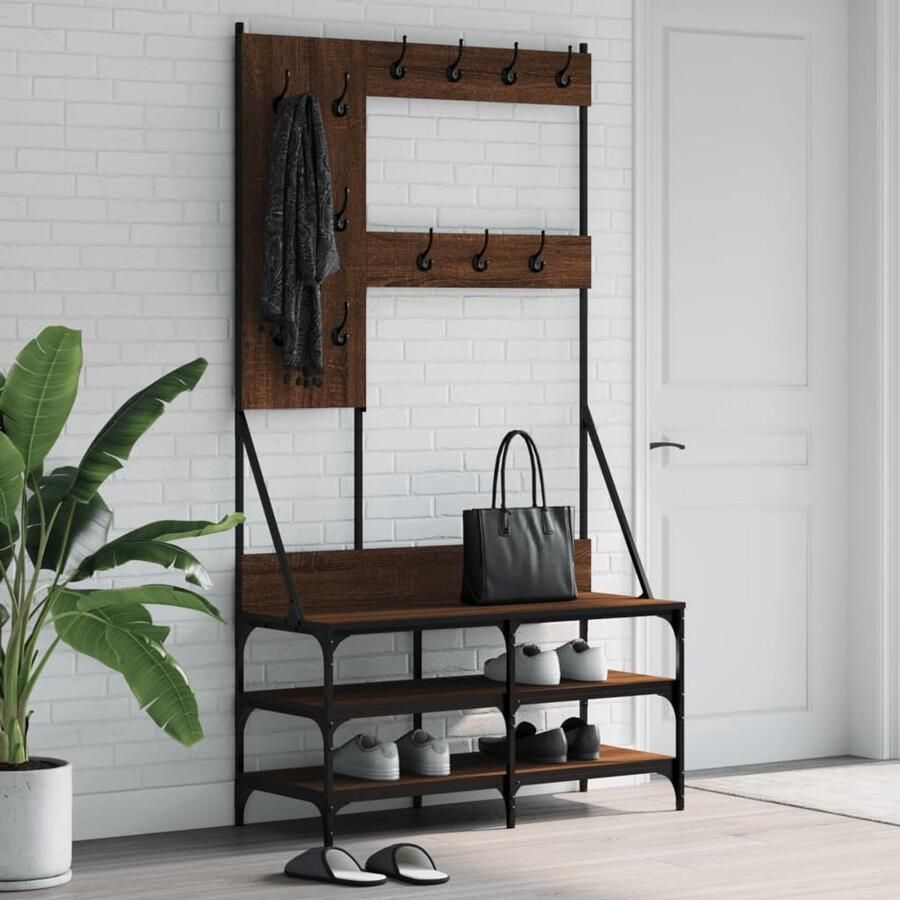 The Living Store Kapstok Bruineiken Houten constructie 100 x 40 x 184 cm Veel opbergruimte Trendy en compact Kledingrek Kapstok Houten Kapstok Vintage Kapstok Garderobe