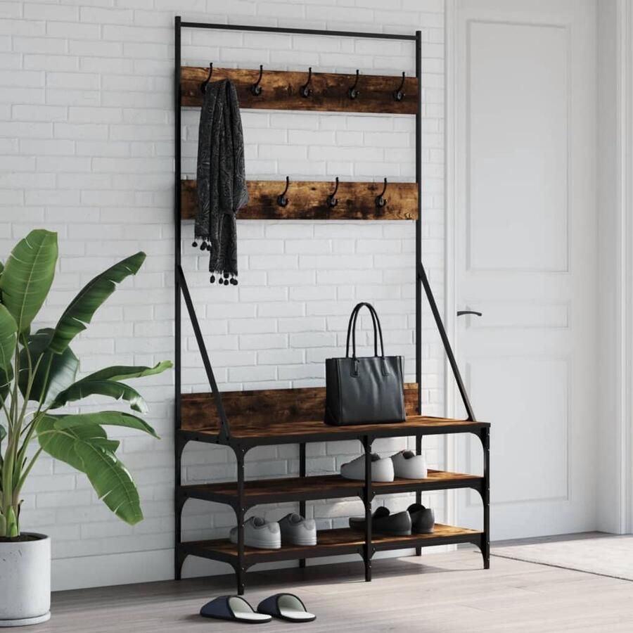 The Living Store Kledingrek met schoenenrek 100x40x184 cm gerookt eikenkleurig Kledingrek Kapstok Houten Kledingrek Vintage Kledingrek Garderobe Organizer