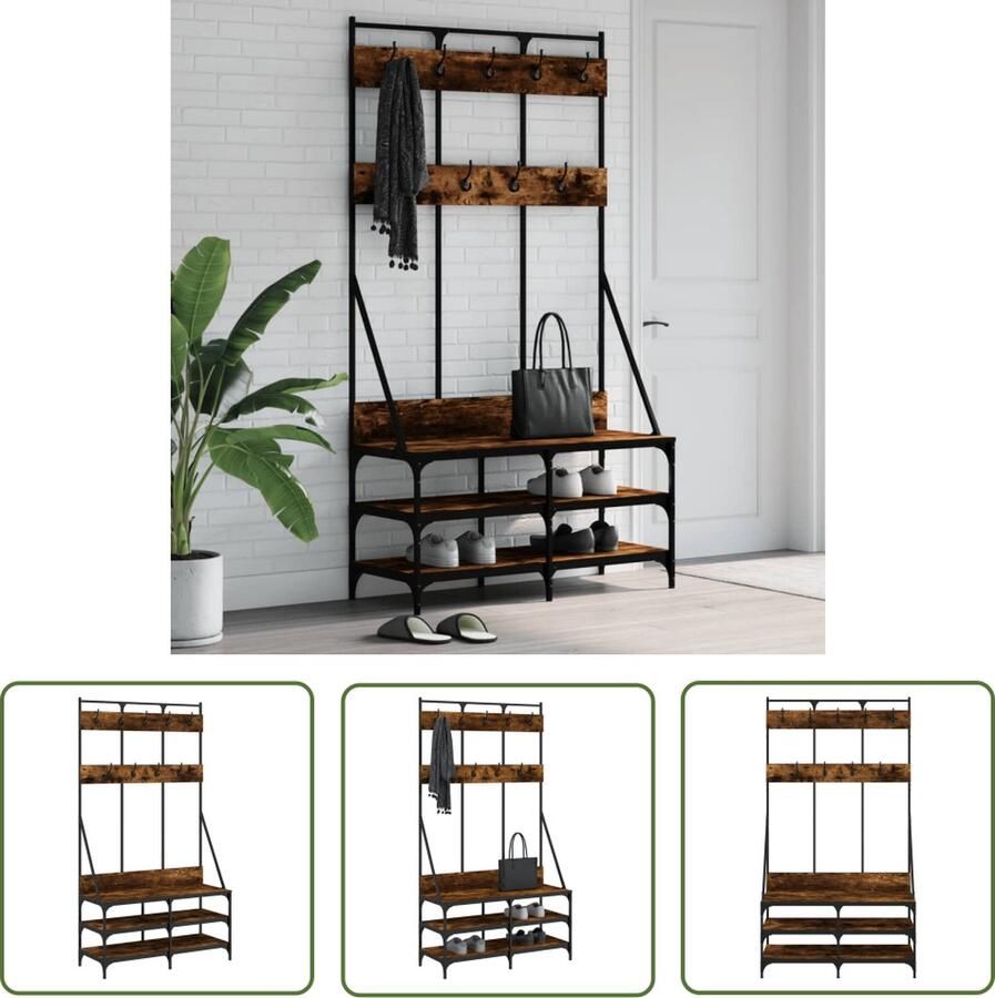 The Living Store Kledingrek met schoenenrek 100x40x184 cm gerookt eikenkleurig Kledingrek Kapstok Jassenrek Garderobe Houten Kledingrek