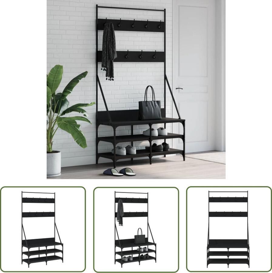 The Living Store Kapstok Zwart 100 x 40 x 184 cm Trendy en compact ontwerp Kledingrek Kapstok Garderobe Houten Kapstok Zwarte Kapstok