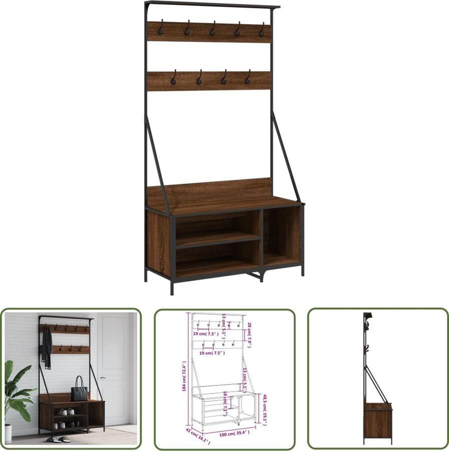 The Living Store Kapstok Bruineiken 100x41x184 cm Duurzaam hout Ruime opbergruimte Kledingrek Kapstok Houten Kledingrek Vintage Kapstok Garderobe Organizer