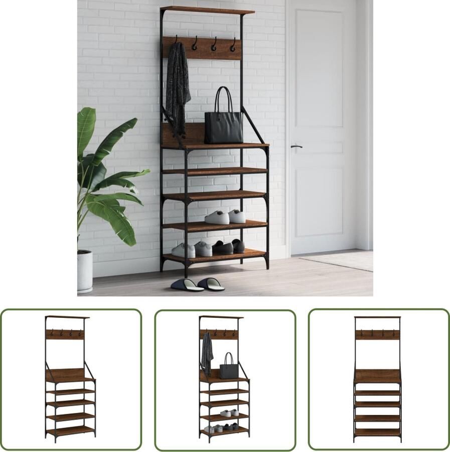 The Living Store Kledingrek met schoenenrek 70x34x184 cm bruin eikenkleur Kledingrek Kapstok Jassenrek Houten Kledingrek Bruine Eiken Kleur