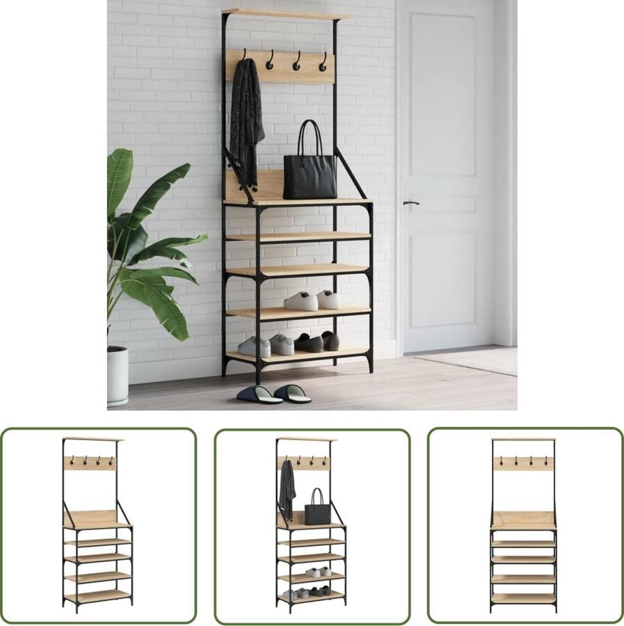 The Living Store Kledingrek met schoenenrek 70x34x184 cm sonoma eikenkleurig Kledingrek Kapstok Houten Kapstok Sonomaplank Vintage Kapstok