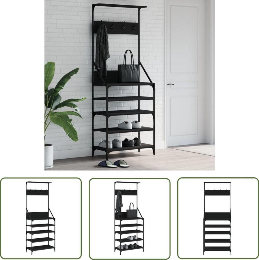 The Living Store Kapstok Zwart 70 x 34 x184 cm Duurzaam hout metaal Trendy en compact ontwerp Kledingrek Kapstok Garderobe Houten Kapstok Metalen Kapstok