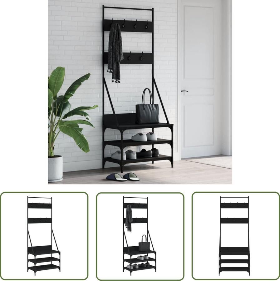 The Living Store Kapstok Zwart Houten Kapstok met Opbergruimte Trendy en Compact Ontwerp 70 x 40 x 184 cm Duurzaam Materiaal Kledingrek Kapstok Houten Kapstok Zwarte Kapstok Garderobe Organizer