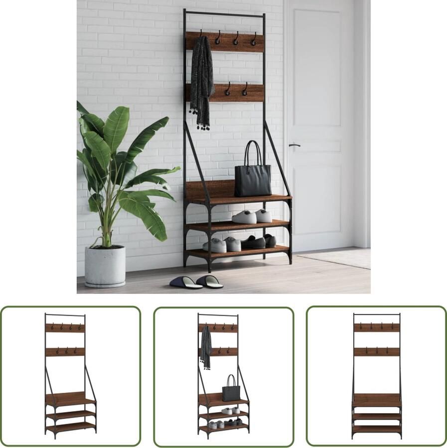 The Living Store Kledingrek met schoenenrek 72x34x184 cm bruin eikenkleur Kledingrek Kapstok Houten Kledingrek Kastoplossing Garderobe Organizer