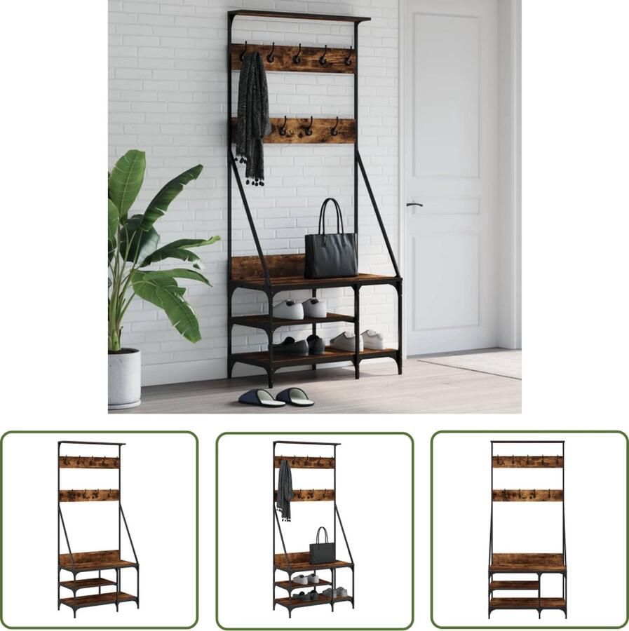 The Living Store Kapstokken Gerookt Eiken 80 x 40 x 184 cm Duurzaam hout Trendy en compact Kledingrek Kapstok Houten Kledingrek Vintage Kapstok Entreehal Meubilair
