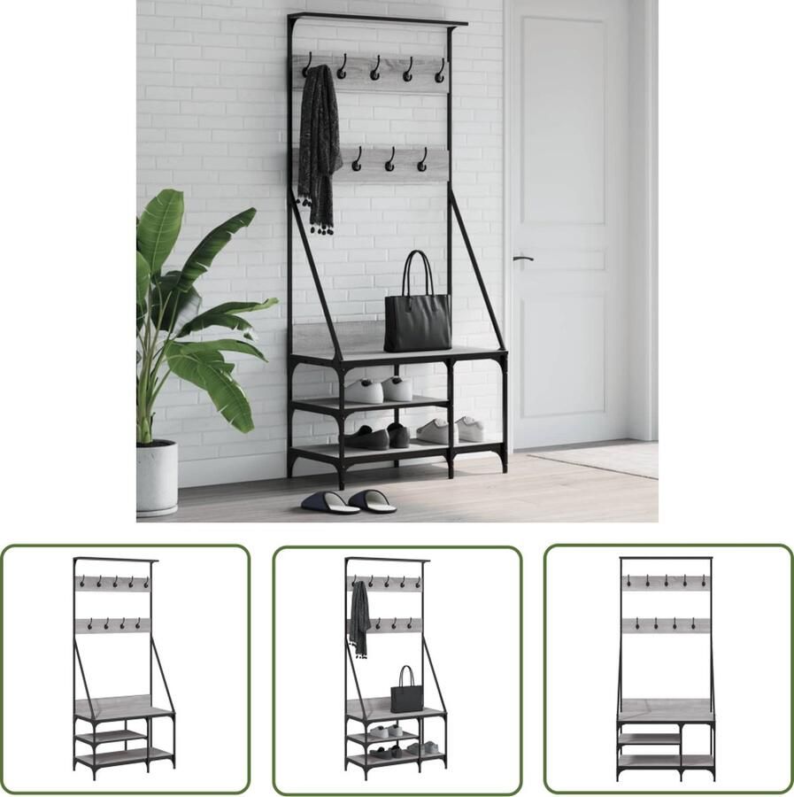 The Living Store Kapstok Vrijstaand 80 x 40 x 184 cm Bewerkt hout Grijs sonoma eiken Kledingrek Kapstok Kastoplossing Houten Kledingrek Grijze Kledingrek