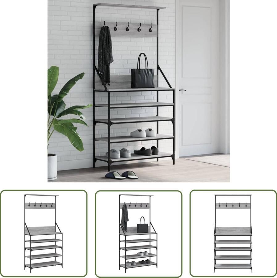 The Living Store Kapstok Grijs Sonoma Eiken 90x34x184 cm Ruimtebesparend en Duurzaam Kledingrek Kapstok Houten Kledingrek Grijze Kapstok Vintage Kapstok