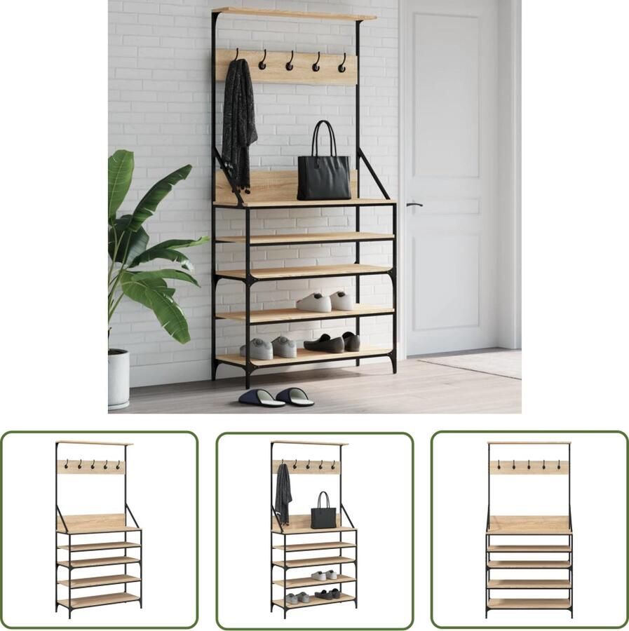 The Living Store Kledingrek met schoenenrek 90x34x184 cm sonoma eikenkleurig Kledingrek Kapstok Houten Kledingrek Sonoma Eiken Garderobe