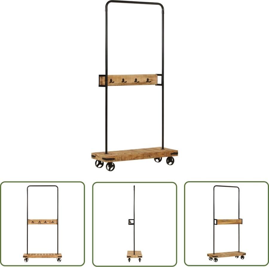 The Living Store Kledingrek met wieltjes 90x35x190 cm massief mangohout en ijzer Kledingrek Kapstok Hangers Kastenopruimer Mangohout
