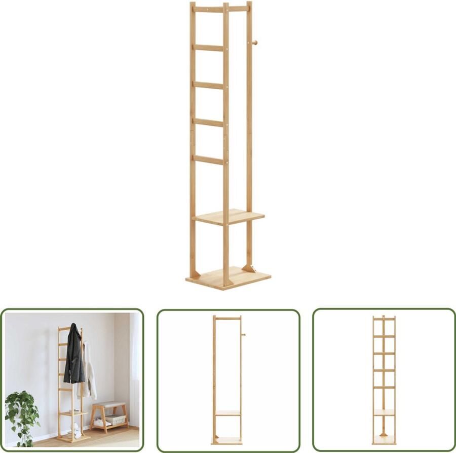 The Living Store Kapstok met haken en schappen 38 5x30x156 cm bamboe Bamboekapstok Kapstok Met Planken Kledingrek Entreehal Organisatie Garderobe Organizer