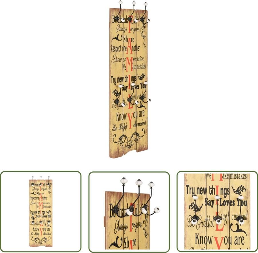 The Living Store Kapstok Vintage 6 haken 40 x 120 cm MDF-plaat en metalen haken Wandkapstok Kapstok Vintage Multikleurige Kapstok Mdf Kapstok Houten Kapstok