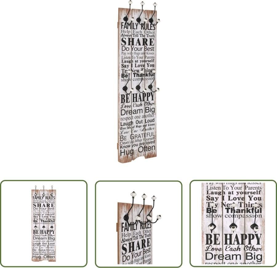 The Living Store Kapstok Vintage Family Rules MDF en metaal 40x120 cm Wandkapstok Kapstok Familie Regels Retro Kapstok Vintage Kapstok