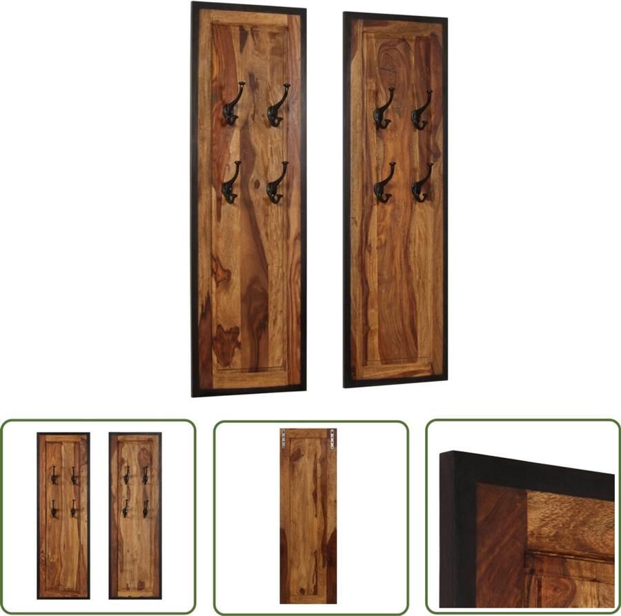 VidaXL Kapstokken 2 stuks Massief Sheeshamhout Retro Kapstok Sheeshamhout Kapstok Vintage Kapstok Wandkapstok Entreehal Decoratie Bruine Kapstok