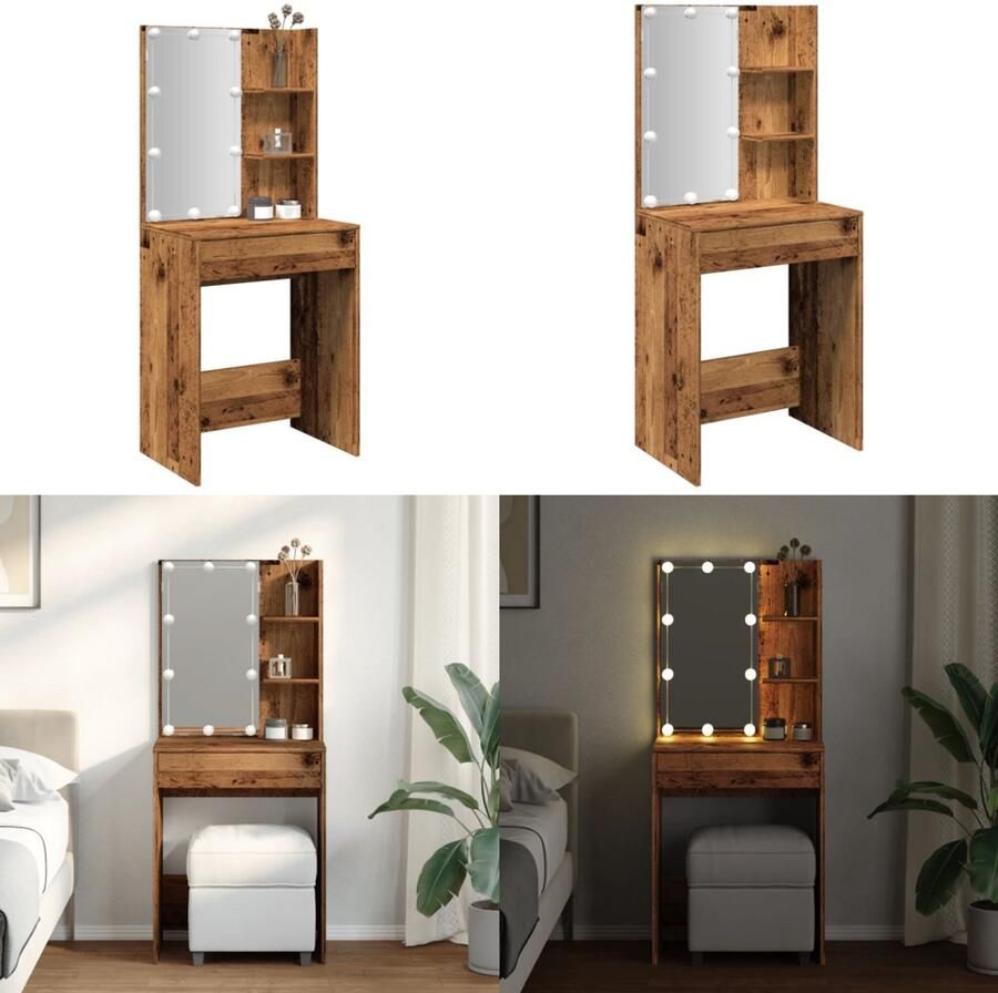 VidaXL Kaptafel met LED-verlichting 60x40x140 cm oud houtkleurig Kaptafel Kaptafels Kap Tafel Make-up Tafel
