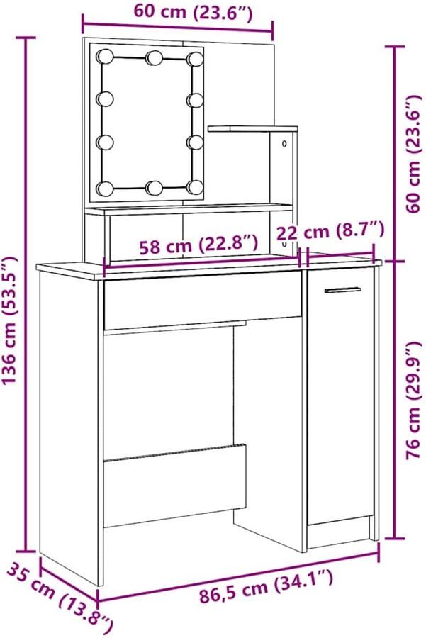 VidaXL Kaptafel met LED-verlichting 86 5x35x136 cm oud houtkleurig