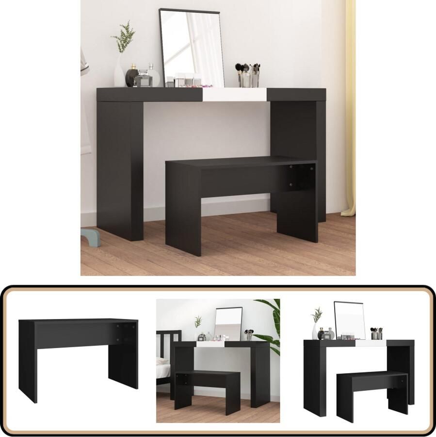 VidaXL Kaptafelkruk Zwart Bewerkt hout 70x35x45 cm Kaptafelkruk Kaptafel Make-up Tafel Stoel Zwarte Meubels Houten Meubelstukken Designstoel Modern Meubilair Badkamermeubelen Slaapkamermeubelen - Foto 2