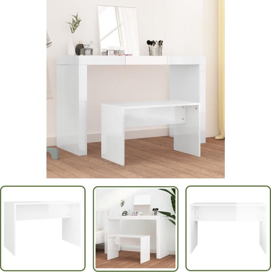 The Living Store Kaptafelkruk 70x35x45 cm bewerkt hout hoogglans wit Kaptafelkruk Kaptafels Make-up Stoel Toiletstoel Houten Meubilair - Foto 2