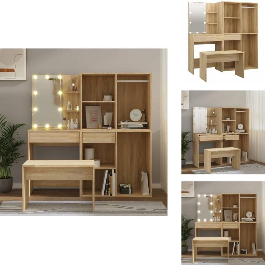 VidaXL Kaptafelset Kaptafelsets Kaptafel Met Led Kaptafel Kaptafelset met LED's bewerkt hout sonoma eikenkleurig